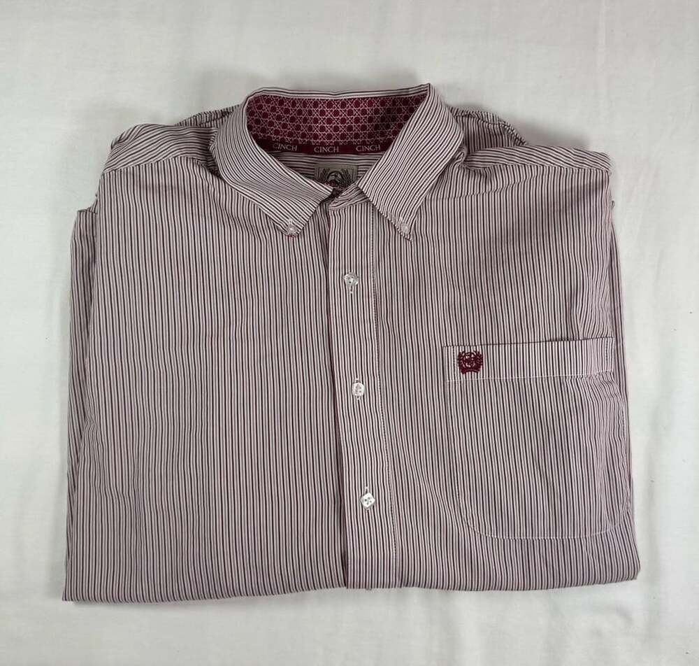 Cinch Long Sleeve Shirt Size S Burgundy White Striped Button Down